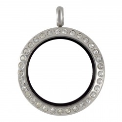 Glass Locket  - Silver w/ Crystals -  Medium
