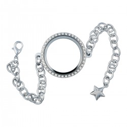 Glass Locket Bracelet - Alloy - Silver w/ Crystals - Large
