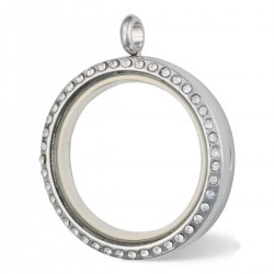 Glass Locket - Alloy - Silver w/ Crystals - Large