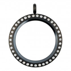 Glass Locket - Alloy - Black w/ Crystals - Large
