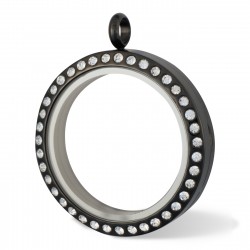 Glass Locket - Alloy - Black w/ Crystals - Large 2